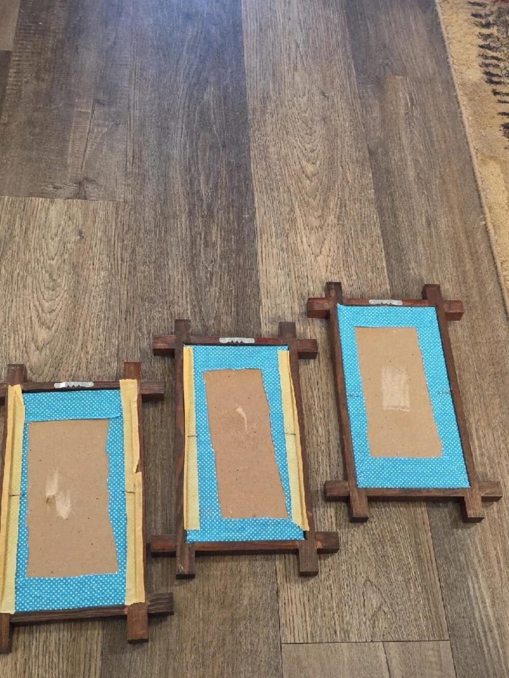 MCM Blue Backed Wall Plaque Triptych with Dark Wood Frames Vintage Angels.